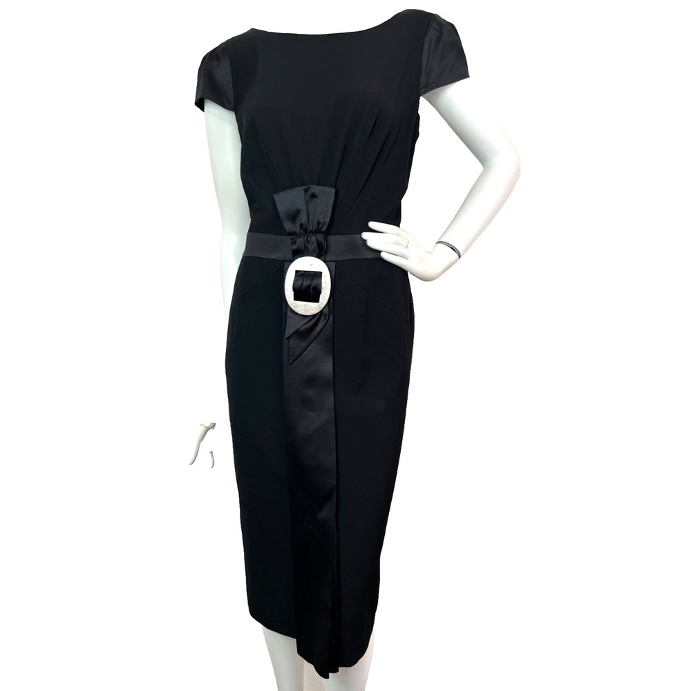 Escada Silk Wool Belted Cocktail Dress 42 US 12 Black Midi Buckle Quiet Luxury